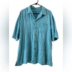 Tommy Bahama silk blue short sleeve floral Hawaiian button down shirt
